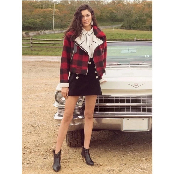 Veronica Beard Benni Gingham Buffalo Check Moto Jacket Coat Red XS Sherpa Lined - Picture 1 of 16
